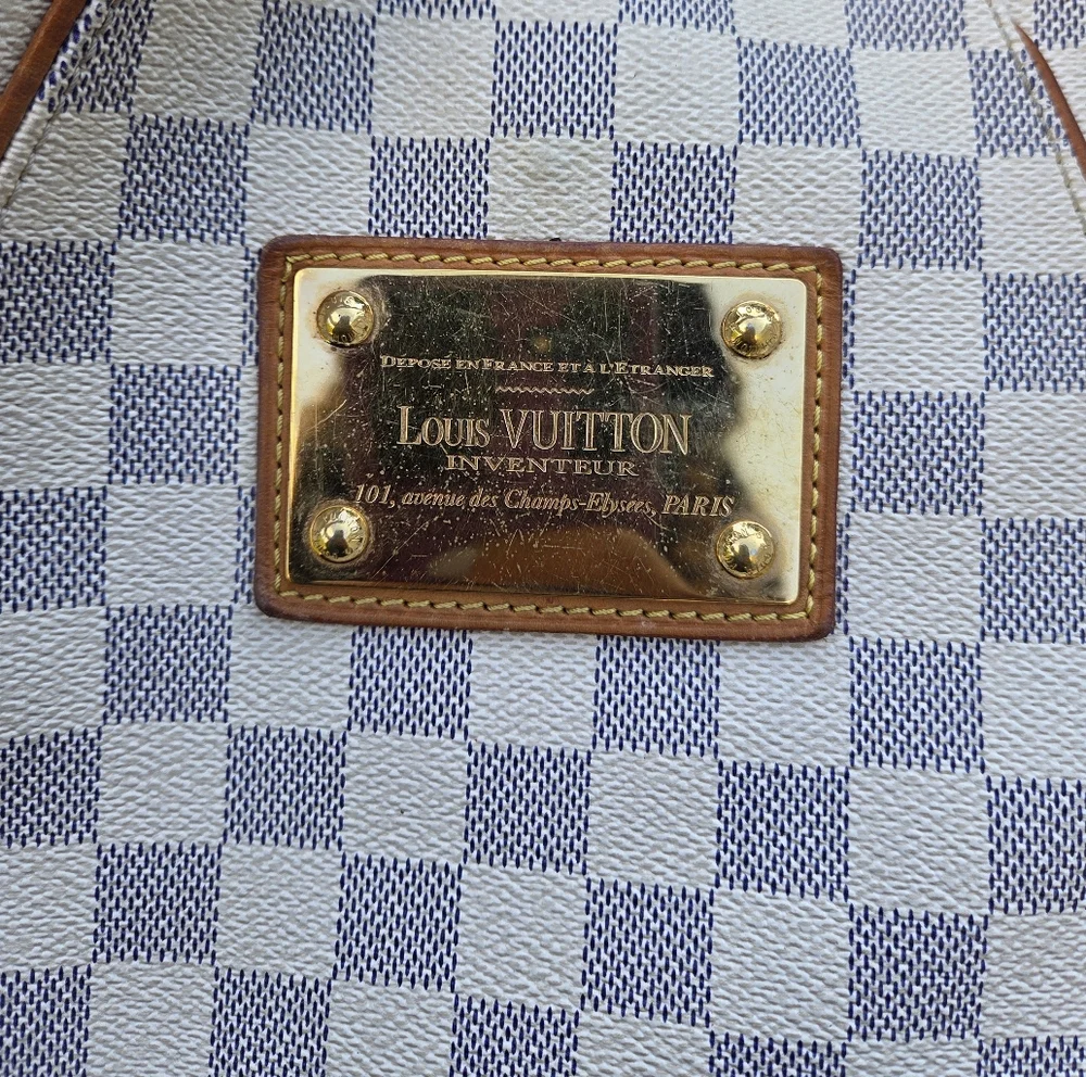 Louis Vuitton Damier Azur Canvas Shoulder Bag with Brown Leather Trim